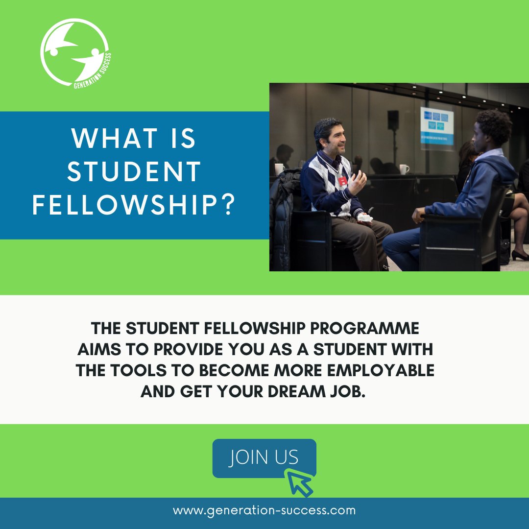 _GenSuccess's tweet photo. What is student fellowship and what does it do? See our website for all the support we can offer you and join us!😀
#activechange #learning #education #mentoring #movetoequality #london #careers #advice #inspiration #jobs #students #university #training #iamgenerationsuccess https://t.co/zZ70n47WTQ