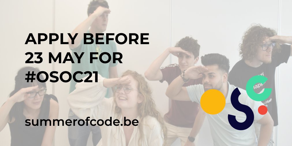 osocode's tweet photo. ⏲️Deadline for #osoc21 student applications is Sunday 23 May! Time to stop polishing your cv, sprucing up your portfolio or rewriting your motivation letter... and APPLY NOW via https://t.co/N5Ffuhmb3C! 🏃🏃🏿‍♀️ https://t.co/v54rLUDjuJ