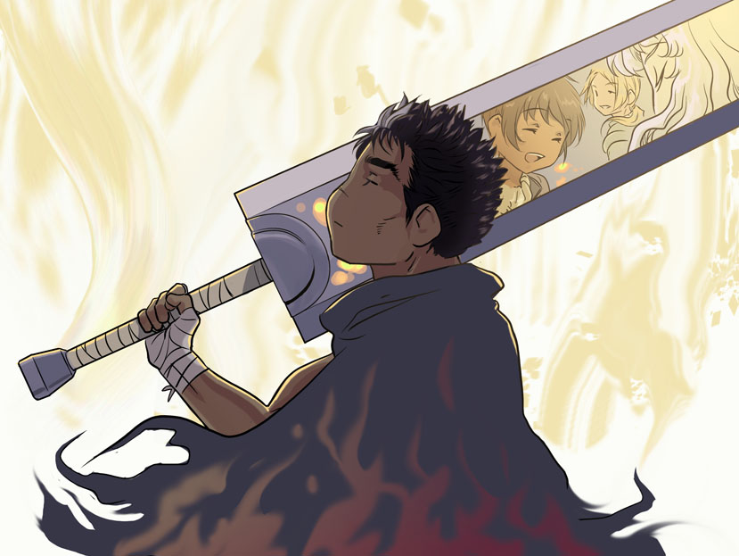guts (berserk) black hair weapon short hair sword scar multiple boys multiple girls  illustration images