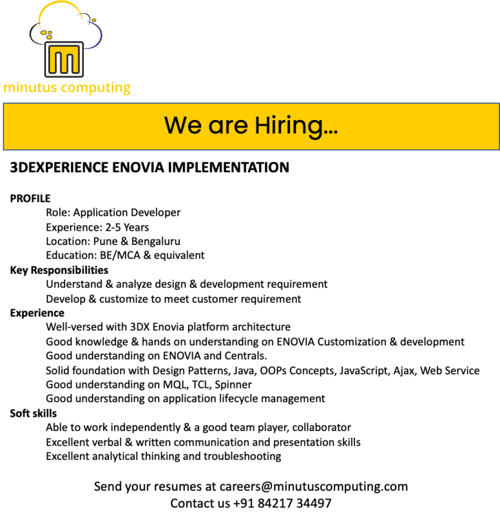MinutusC's tweet photo. We are looking for ENOVIA Customization Specialists.
Contact us at careers@minutuscomputing.com #hiring #careers #jobs #enovia #3dexperience #minutuscomputing #nowhiring #recruitment https://t.co/FWBLJyIVZy