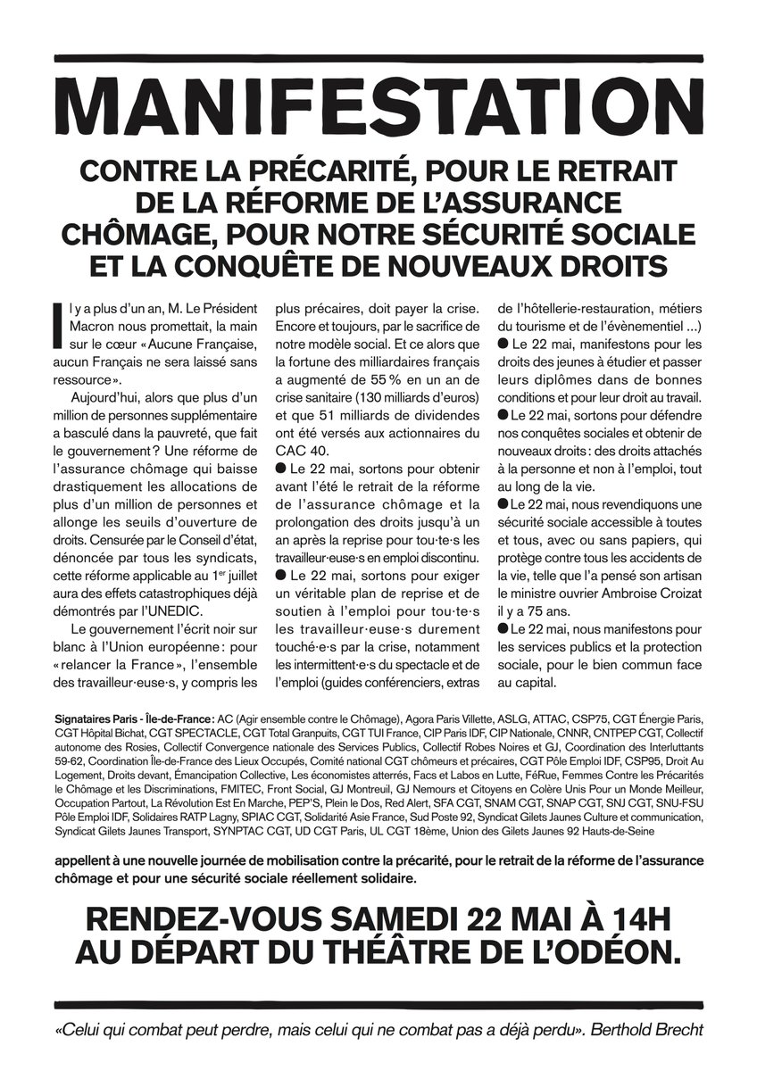Manif pour des droits sociaux, demain 22 mai - RDV à 13h. On souhaite quitter la place de l’Odéon pour le Louvre à 14h pile, afin de pouvoir rejoindre ensuite le rassemblement en soutien au peuple palestinien, appelé à 15h, place de la République à Paris.