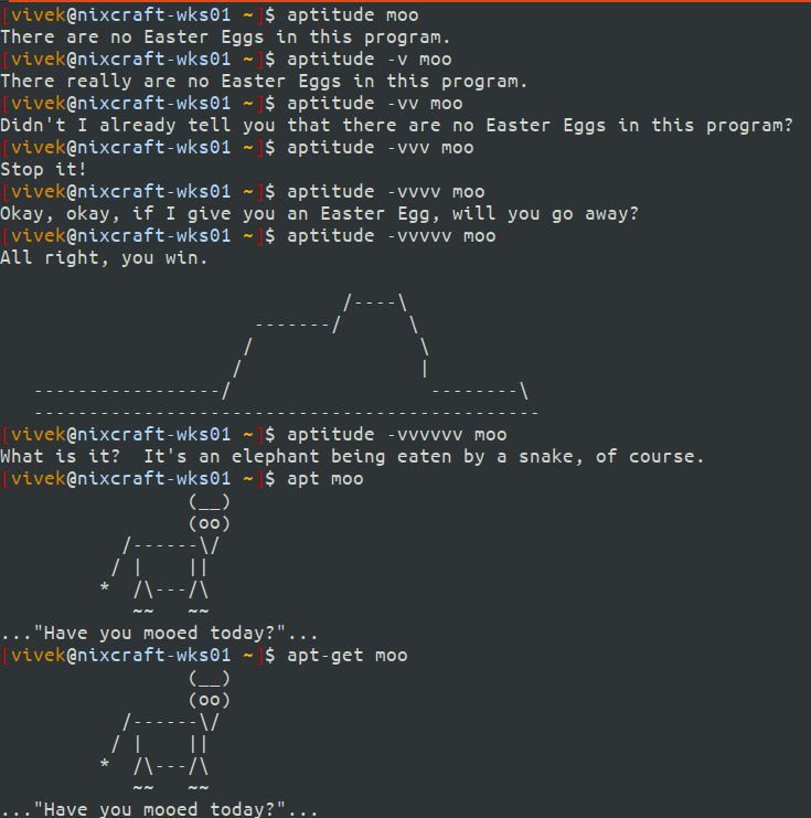 Debian or Ubuntu Linux easter eggs for lulz:

aptitude moo
aptitude -v moo

What's your favorite easter eggs on Unix or Linux?
