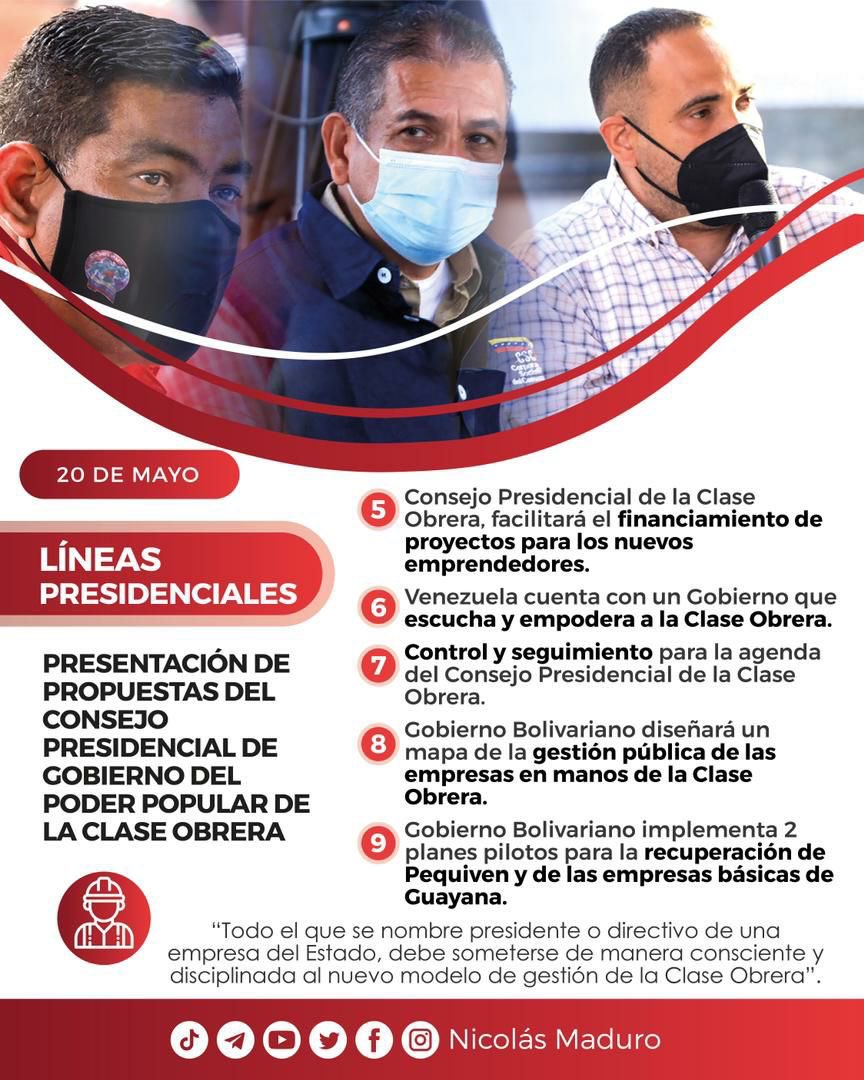 CarnetDLaPatria's tweet photo. #ATENCIÓN  Contamos con un gobierno que desarrolla políticas públicas dirigidas a garantizar el Estado de Bienestar Social.

En este sentido el presidente @NicolasMaduro recibe y aprueba las #LineasPresidenciales del Consejo Presidencial de la Clase Obrera.

#21May #PuebloDePaz https://t.co/4cRcGAjl8h