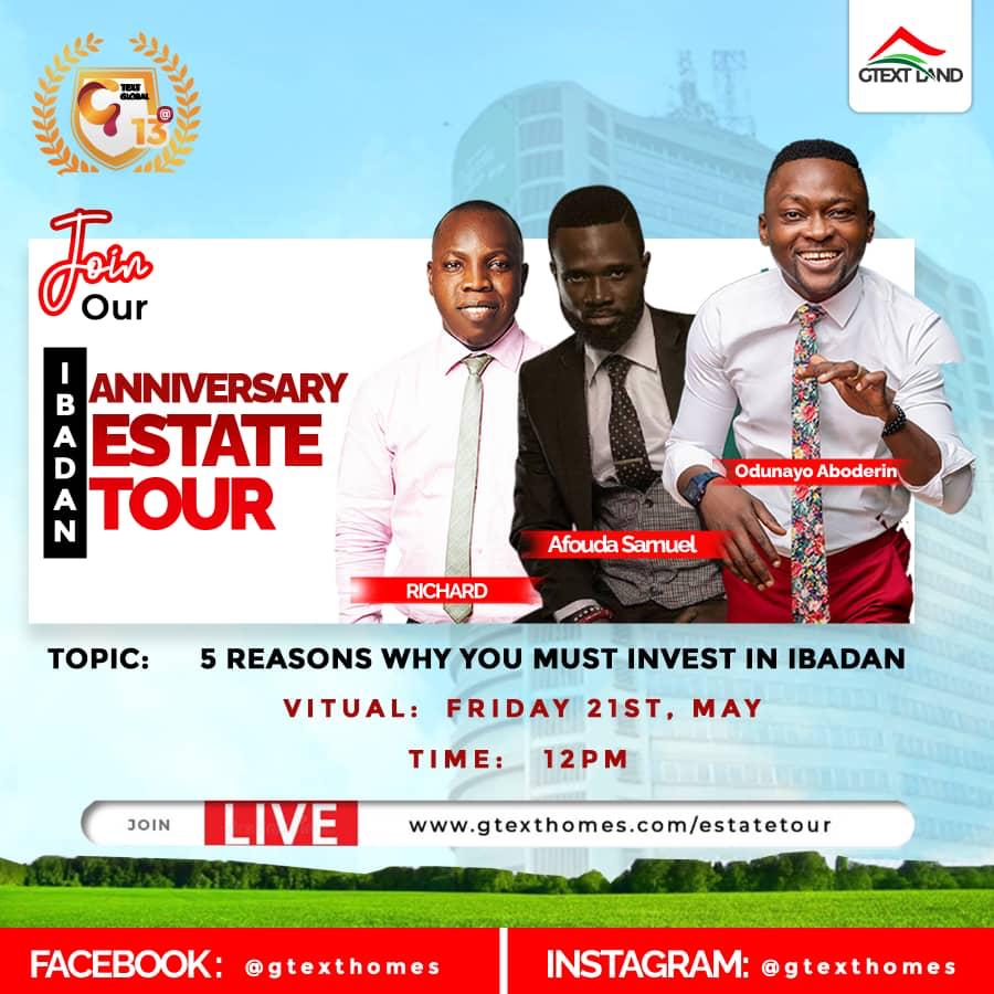 gtextland's tweet photo. Join us live now as we take you on an insightful journey on "5 Reasons You Must Invest in Ibadan" with Richard and Odunayo Aboderin @odunayoaboderin | Afounda Samuel @afoudalafta32fm
See you there...
#GtextLand #Ibadan #IbadanRealEstate #Luxury #LuxuryProperties https://t.co/AsSY0ZvfQo