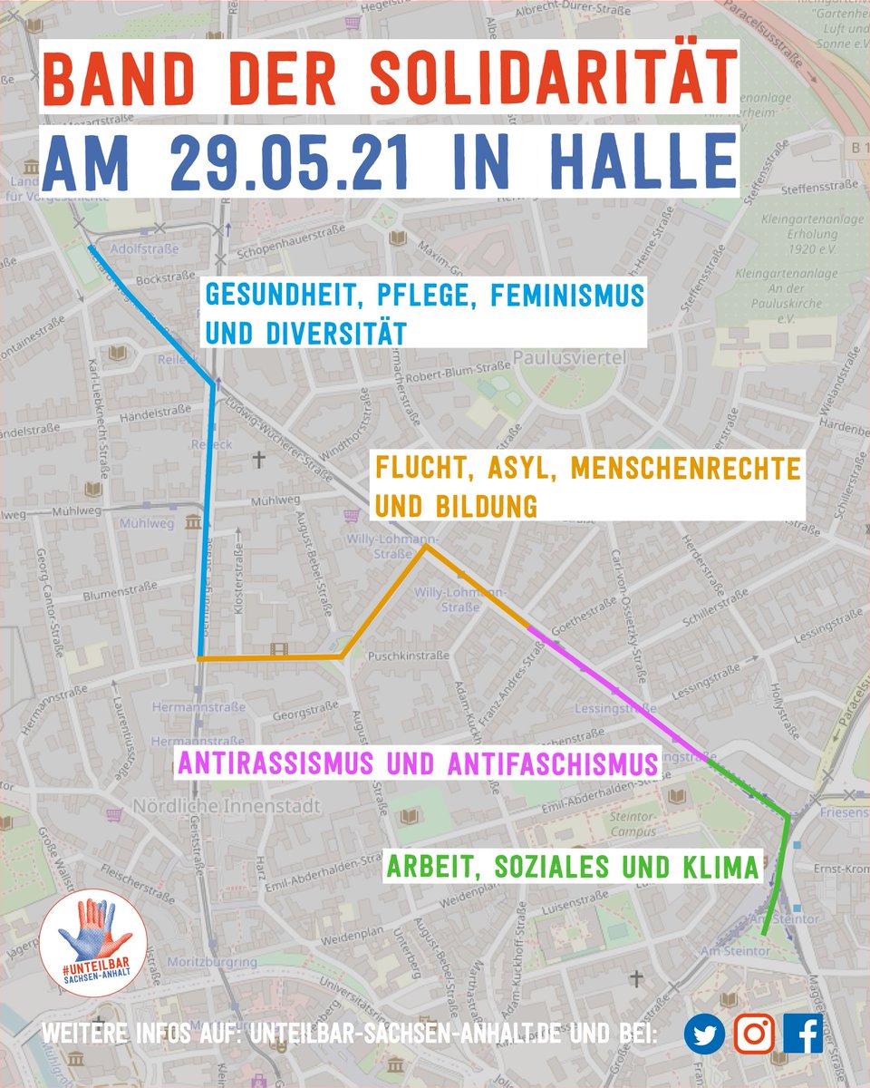 Unsere Route fürs "Band der Solidarität" am 29.05. steht! 🥳

Kommt vorbei, nehmt an den Aktionen an den einzelnen Plätze teil und hört euch unser Programm mit 📢 spannenden Redebeiträgen und 🥁 Live-Musik an.