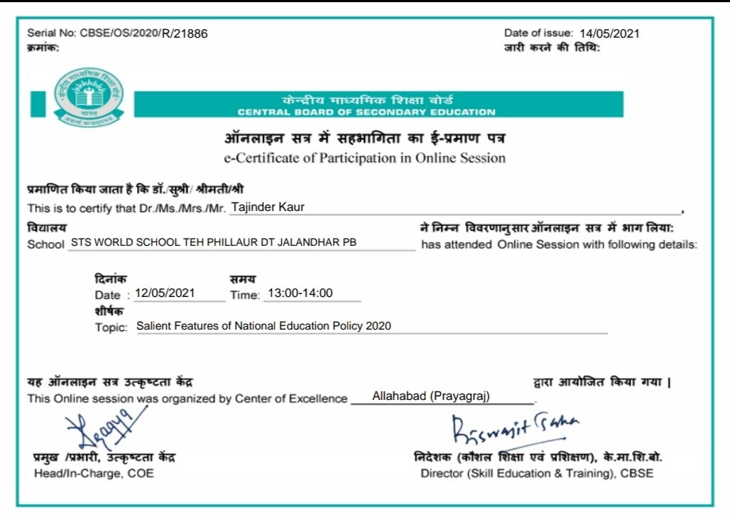 Learning never stops
certified by cbseindia
" Salient features of national educational policy 2020"
<a href="/cbseindia29/">CBSE HQ</a> 
<a href="/raminde94301780/">Raminder</a> 
<a href="/Prabhjo60556013/">Prabhjot Gill</a> 
<a href="/STSWSRAJGOMAL/">S.T.S. World School (Official)</a>