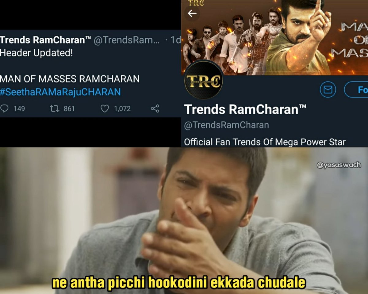TeamBNH's tweet photo. Ma vallu ninna birthday trend lo #ManOfMassesNTR ane tag use chesthunnaru ani telusu kooda nuvvu picchi hook la header update cheyadam entra @TrendsRamCharan 

Adhi kuda tarak birthday roju paiga needi official trends handle. E negetive trend jaragadaniki main reason nuvve 

#NTR https://t.co/ulwz0Ef1bI