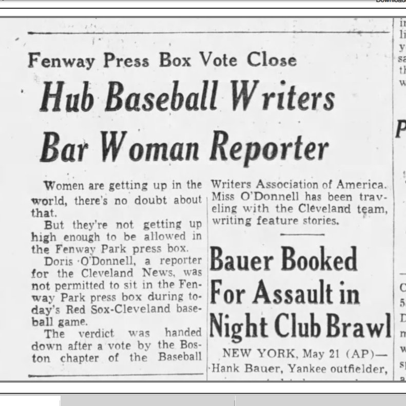 BaseballandLaw's tweet photo. "Banned in Boston"

5/21/57, by a 5-4 vote, the @BostonBBWAA banned females♀️from the male-only press box at @fenwaypark, denying access to Cleveland News writer Doris O'Donnell.

"Front Page Girl" by Doris O'Donnell
https://t.co/ufdKVdT3wC

#BaseballandtheLaw 223-36 https://t.co/hBKbNLNwXr