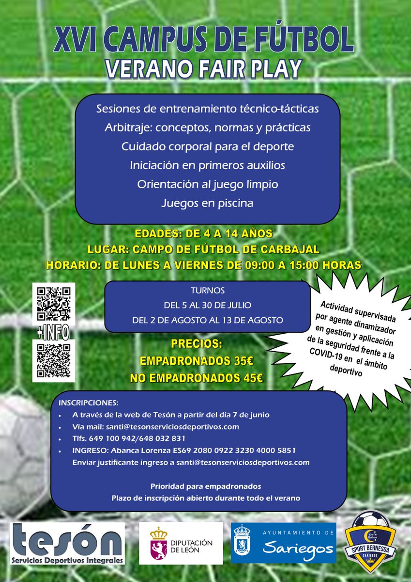 XVI CAMPUS DE FÚTBOL VERANO FAIR PLAY 
Os animamos a inscribiros, será una experiencia  divertida y  segura, debido a la supervisión por un agente dinamizador en gestión y aplicación de la seguridad ante el COVID-19 en el ámbito deportivo.#OrgulloSportano,#campus,#Sariegos