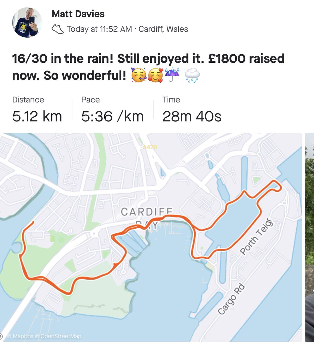 MattRunsWales's tweet photo. 16/30 in the rain! Still enjoyed it. £1800 raised now. So wonderful! 🥳🥰☔️ 🌧 https://t.co/hlJKDxsy8s