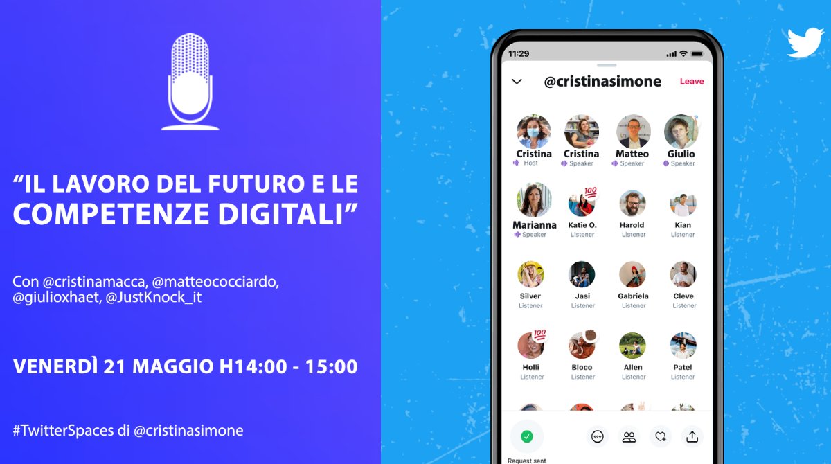 Ci siamo! Pochi minuti al mio primo Twitter Spaces con <a href="/cristinasimone/">Cristina Simone</a>. Si parla di futuro del #lavoro e #competenze digitali.
<a href="/franzrusso/">Franz Russo</a> anche tu sei emozionato prima di iniziare? 🙂