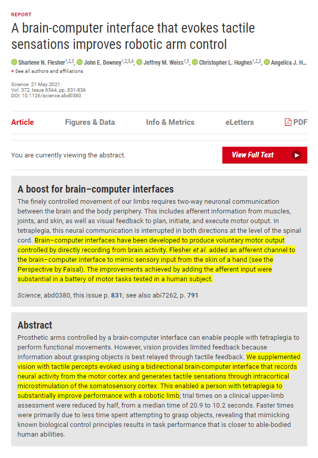 A brain-computer interface that evokes tactile sensations improves robotic  arm control