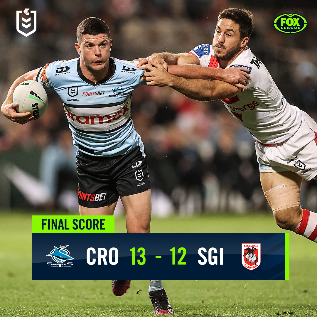 FOXNRL's tweet photo. SHARK ATTACK!!

An extra-time field goal to Chad Townsend scores their first win since Rd 4... mayhem!

Recap: https://t.co/gIzZwgNO51

#NRLSharksDragons https://t.co/p5PbwrPI89