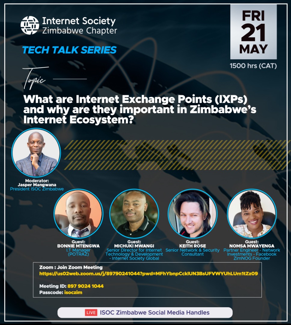 mangwana_jasper's tweet photo. #TechTalkSeries
What are Internet Exchange Points and why are they important in the Internet Eco-Systems
Brought to you by @ISOCZIM , @Potraz_zw @internetsociety @NAPAfrica_IX @SADC_News @Facebook @LiquidInTech @TechMagTV @Techzim https://t.co/Ww9Y0DeVdF