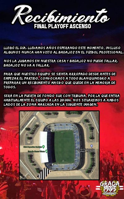 grada_1905's tweet photo. | FINAL PLAYOFF |

Os dejamos la información para el recibimiento de mañana.

Día para soñar y disfrutrar todos juntos de nuestro @CDBadajoz 

¡Os esperamos a todos a las 20:00h! https://t.co/7ndnAtxBjy