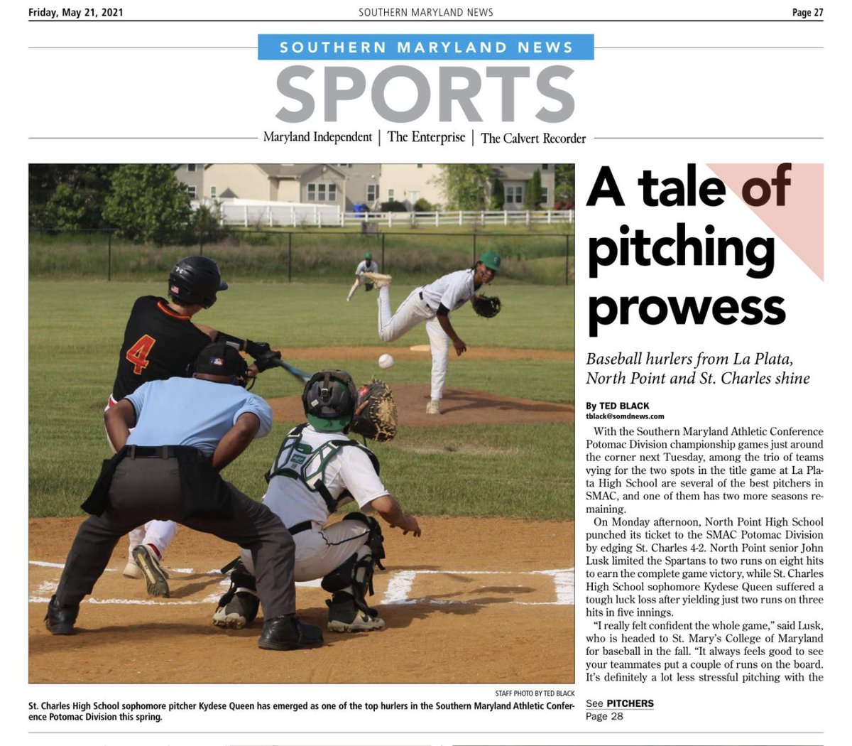 mskqueen23's tweet photo. MD Independent hard copy available today! That’s @Kydese2 on the mound and @_Dominic2 catching. @SCHSBaseball_ @SchsSathletics https://t.co/8FafSgtBhL