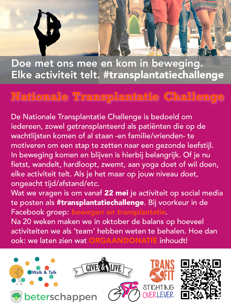 Facebook groep bewegen en transplantatie lanceert prachtig initiatief met 2 doelen: mensen in beweging krijgen en aandacht voor orgaandonatie
@CentrumLumc <a href="/GTCumcg/">UMCG Transplantatie</a> <a href="/UMCU_Intl/">UMC Utrecht International</a> <a href="/radboudumc/">Radboudumc</a> <a href="/ErasmusMC/">Erasmus MC</a> <a href="/amsterdamumc/">Amsterdam UMC</a> <a href="/MaastrichtUMC/">Maastricht UMC+</a> <a href="/donorinfo/">NTS - Nederlandse Transplantatie Stichting</a>  <a href="/2Miljoen/">burgerinitiatief 2MH - donorwet</a> <a href="/beterschappen/">Beterschappen</a>