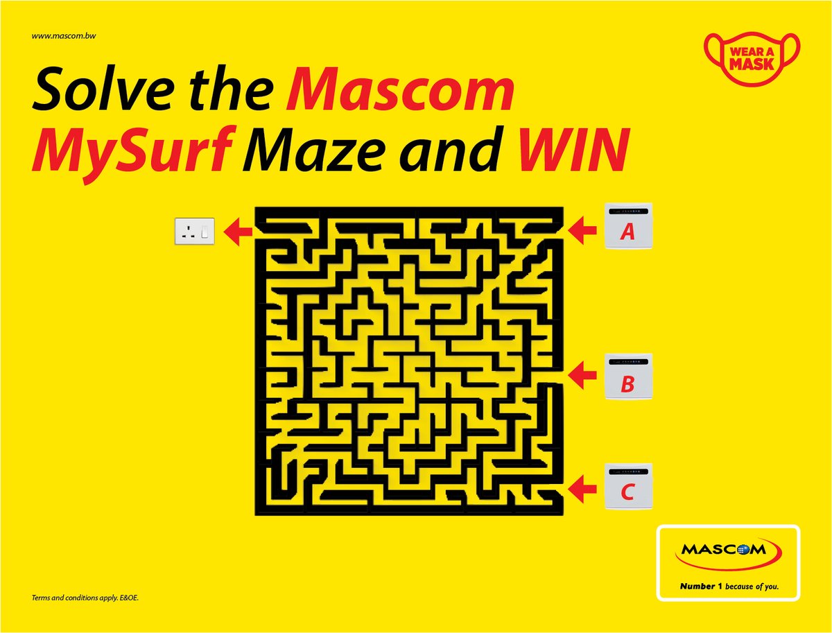 MascomWireless's tweet photo. Complete the maze and win!π€©
Find the quickest path and connect the MySurf Routerπ to the power socket and you could win some airtime.
Use the hashtag #MascomTrivia to enter.
Winners will be chosen by random selection. #Number1BecauseOfYou https://t.co/EqU5KlEcqk