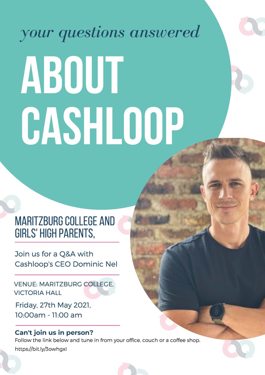 MaritzCollege's tweet image. #Cashloop
Earlier this year, we launched Cashloop -  a safe, easy and instant way of paying, communicating and collecting at College.
On Thurs 27 May, Cashloop&apos;s CEO &amp;amp; OC Dominic Nel will be on campus to answer your questions.
Join us at College or via bit.ly/3owhgxI
