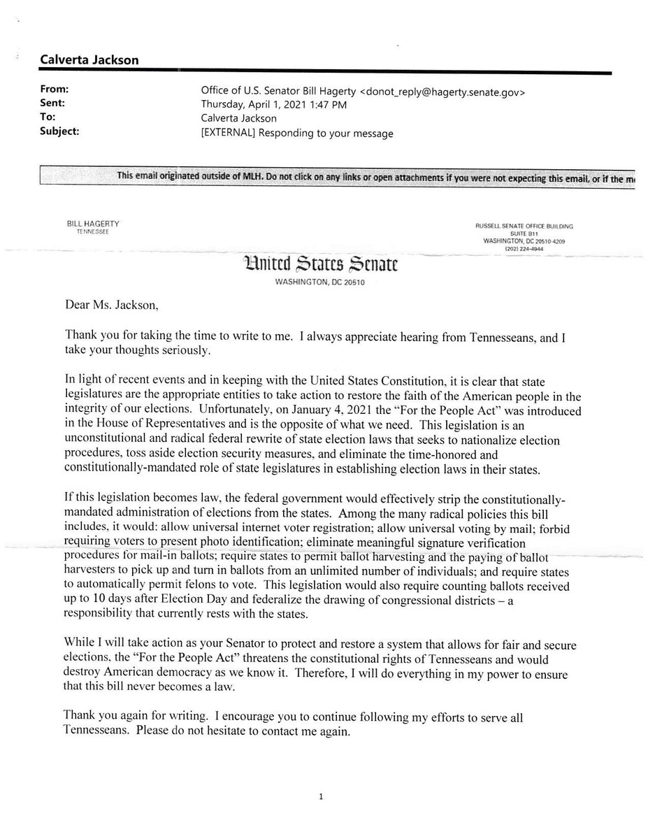 CalvertaJackson's tweet photo. @rolandsmartin I did call regarding HR 1 and actually got a response via email from Senator Bill Hagerty (R) TN and attached is his response. https://t.co/71I325pAz7