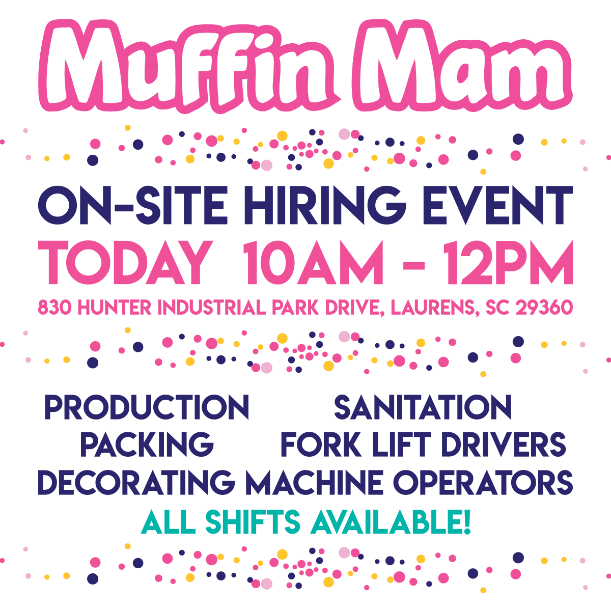 MuffinMamBakes's tweet photo. Hiring Event TODAY!  We are looking for more production, packing, machine operators, forklift drivers, and sanitation team members! Want to join the Muffin Mam family?  Come see us TODAY!
#nowhiring #worksc #upstatejobs #LaurensCounty #foodproduction #Hiring #jobsearch #SCJobs https://t.co/eD1UfauygJ