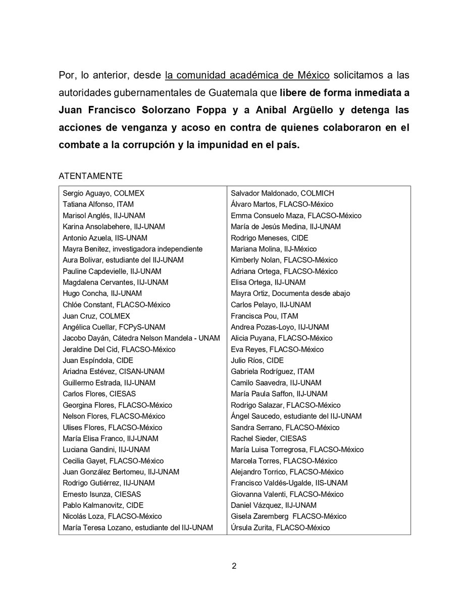 ¿QUÉ PASA EN GUATEMALA?

Académicos mexicanos solicitamos LIBEREN a FRANCISCO SOLORZANO FOPPA y ANIBAL ARGÜELLO; y paren las acciones de acoso en contra de quienes colaboraron en el combate a la corrupción y la impunidad

<a href="/SCSPGT/">Secretaría de Comunicación Social</a>
<a href="/MPguatemala/">MP de Guatemala</a>
@MBachelet
<a href="/SRE_mx/">Relaciones Exteriores</a>
<a href="/CICIGgt/">Archivo de la CICIG Guatemala</a>
<a href="/WOLA_org/">WOLA</a>