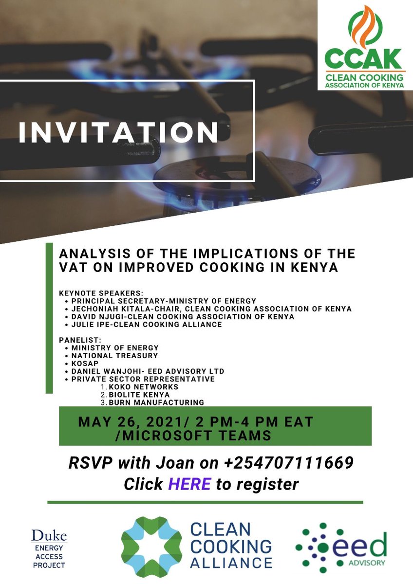 CCAK would like to invite you to a webinar on the Analysis of the implications of the value added tax on Clean Cooking in Kenya. The webinar is scheduled for 26th May 2021 from 2.00pm-4.00pm.(Click on the link (forms.gle/AKKEX2wSWdrioC…) to register and get the link to the meeting.
