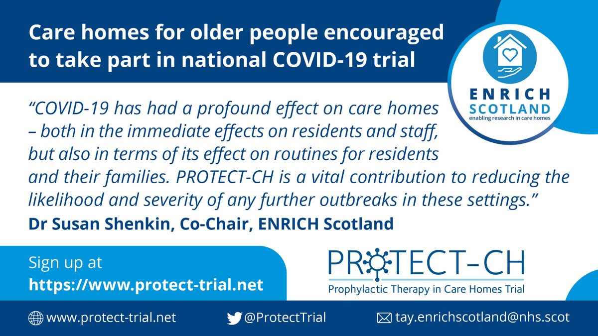 NHS Research Scotland (@nhsresearchscot) on Twitter photo Care homes for older people in Scotland are being encouraged to take part in the UK-wide <a href="/ProtectTrial/">PROTECT Trial</a>, exploring drug treatments that could reduce the likelihood or severity of #COVID19 outbreaks in care homes. Read more and sign up: bit.ly/3eApAYR. <a href="/EnrichScotland/">ENRICH Scotland</a> Care homes for older people in Scotland are being encouraged to take part in the UK-wide <a href="/ProtectTrial/">PROTECT Trial</a>, exploring drug treatments that could reduce the likelihood or severity of #COVID19 outbreaks in care homes. Read more and sign up: bit.ly/3eApAYR. <a href="/EnrichScotland/">ENRICH Scotland</a>