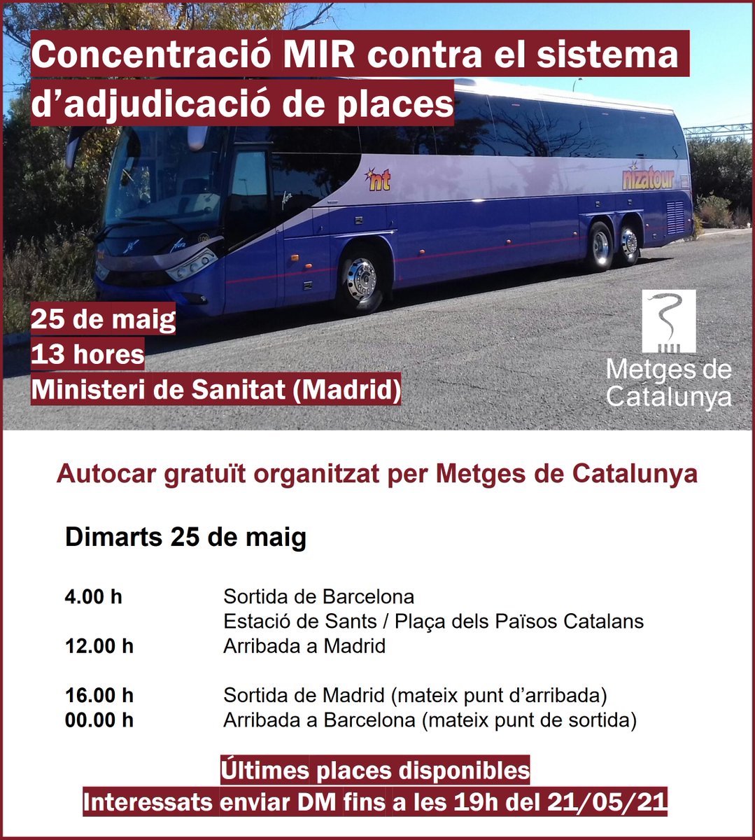 MC facilita als futurs #MIR el desplaçament gratuït fins a Madrid per participar en la concentració de <a href="/FSEunida/">FSEunida</a> contra el nou sistema d'adjudicació de places de formació sanitària especialitzada.

🚌👩‍⚕️👨‍⚕️📢
🗓️ 25 de maig
🕐 13 hores
🏢 <a href="/sanidadgob/">Ministerio de Sanidad</a> 

Més info 👇