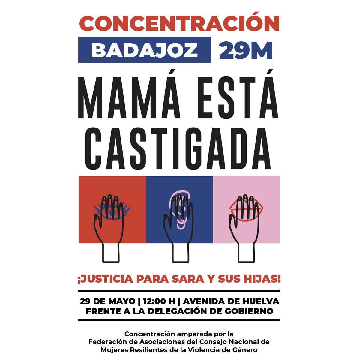 MCastigada's tweet photo. 🔴 ¡CONCENTRACIÓN EN APOYO A SARA EL SÁBADO 29 DE MAYO EN BADAJOZ! 🔴 
🗓 #MamáEstáCastigada convoca a la ciudadanía para pedir justicia y reparación urgente para Sara y sus dos hijas, a las que no ve desde hace 2 años.
➕ Más info: https://t.co/FGfiRFV2Db

🔁Gracias ppr difundir https://t.co/OjWLPtaAnU