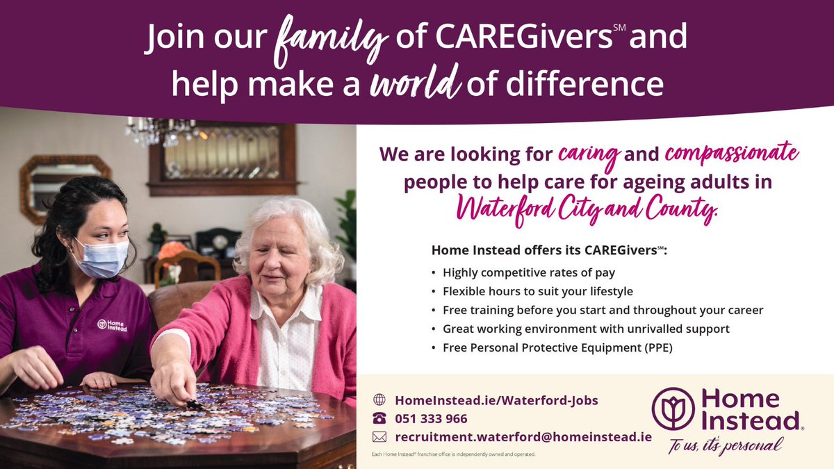 We are looking for caring and compassionate people to help care for ageing adults in Waterford City &amp; County! To apply online, please follow/copy &amp; paste the link below to complete our application form and the team will be back in touch shortly!
bit.ly/CAREGiver_Wate… #JobFairy