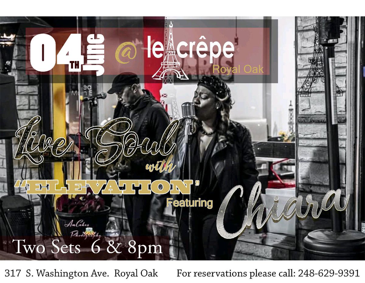 VibrantC08's tweet image. Live Soul @ Le Crepe June 4th

Reservations are strongly suggested, but a walk-ins welcome 248-629-9391

lecreperestaurant.com

Patio seating available
Bring your own bottle of wine!

#chiarasings #performancealert #livesoul #randb #detroitsoul #downtownroyaloak #livemusic