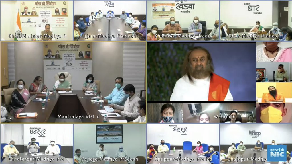 Gurudev Sri Sri Ravi Shankar (@gurudev) on Twitter photo मध्यप्रदेश प्रशासन द्वारा आयोजित ‘योग से निरोग’ वेबिनार में, माननीय मुख्यमंत्री श्री <a href="/ChouhanShivraj/">Shivraj Singh Chouhan</a> जी एवं माननीय <a href="/yogrishiramdev/">स्वामी रामदेव</a> जी की उपस्थिति में, योग प्रशिक्षकों तथा होम क्वॉरंटीन और कोविड केयर सेंटर में उपचार ले रहे लोगों को सम्बोधित किया। मध्यप्रदेश प्रशासन द्वारा आयोजित ‘योग से निरोग’ वेबिनार में, माननीय मुख्यमंत्री श्री <a href="/ChouhanShivraj/">Shivraj Singh Chouhan</a> जी एवं माननीय <a href="/yogrishiramdev/">स्वामी रामदेव</a> जी की उपस्थिति में, योग प्रशिक्षकों तथा होम क्वॉरंटीन और कोविड केयर सेंटर में उपचार ले रहे लोगों को सम्बोधित किया।