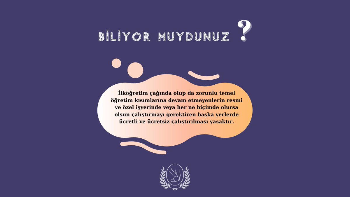 📌İlköğretim ve Eğitim Kanunu'nun 59/1.maddesine göre(5/1/1961); 

#çocukişçiliğinehayır #çocukişçliğinedurde #stopchildlabor #cocodernek #siviltoplumkuruluşu #çocuk