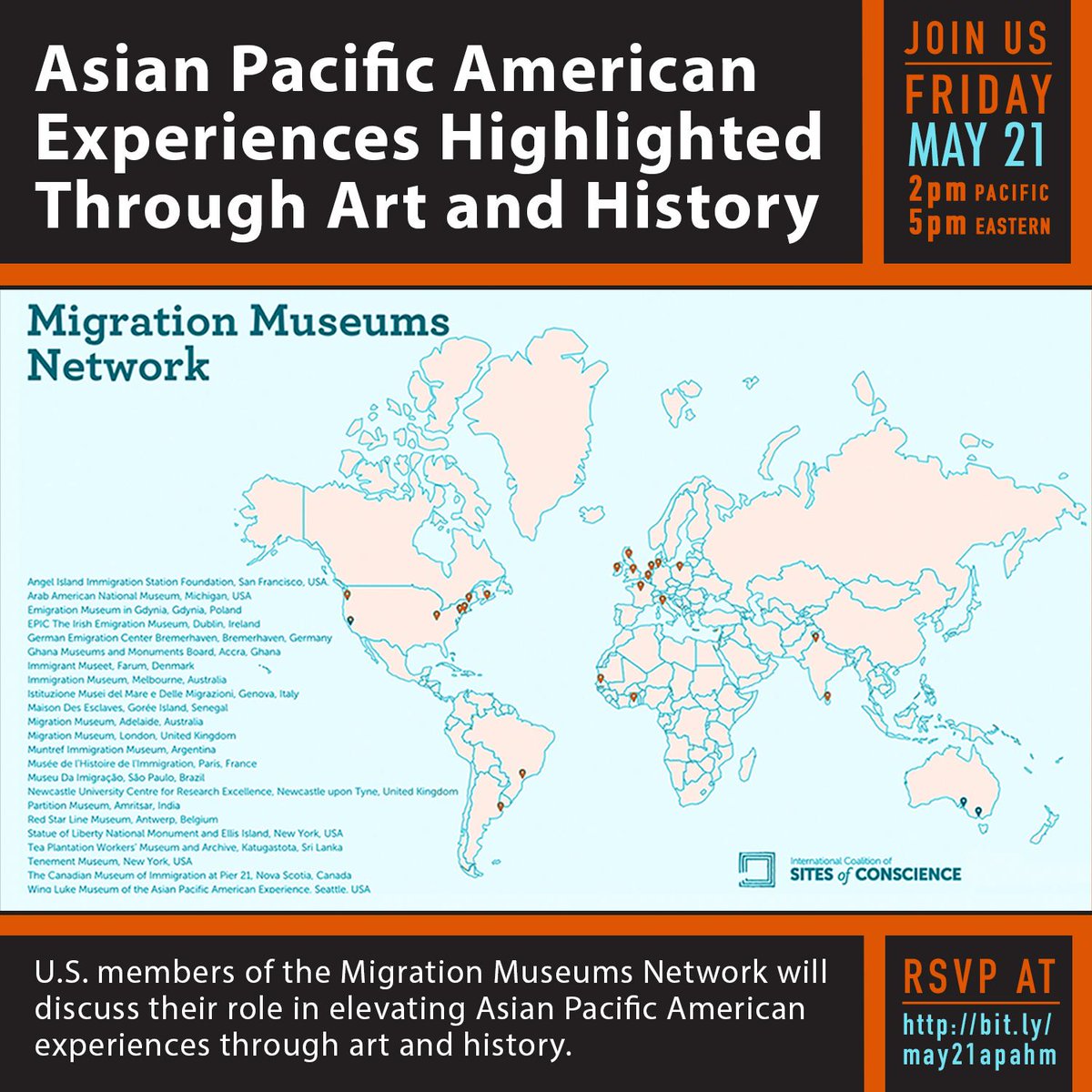 Today at 2pm Pacific, we will be speaking with several US members of the Migration Museums Network to celebrate #AAPIheritage. We hope you are able to join us! 

You can register for the program through the following link: ow.ly/XNBE50EPPOf