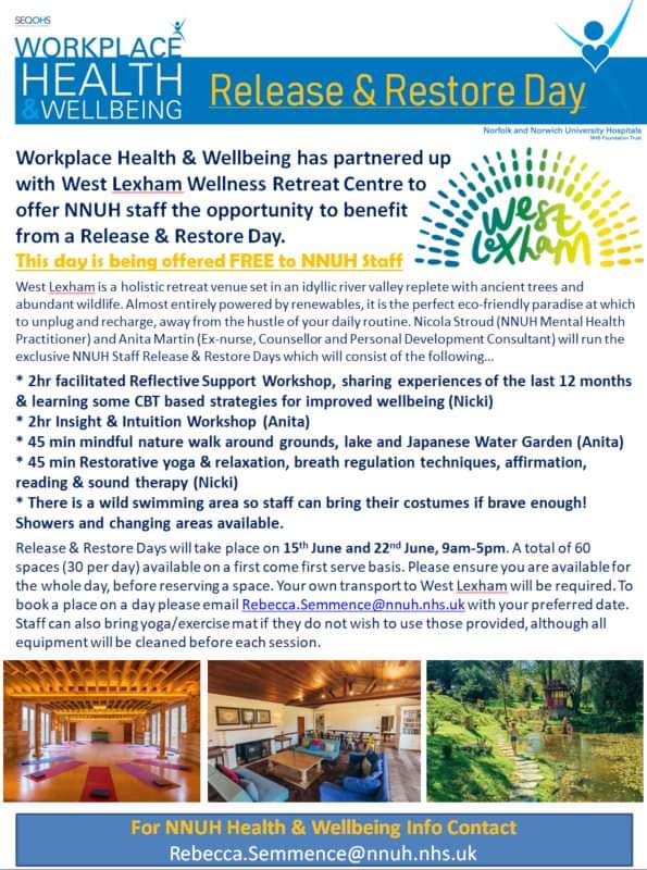 Rebecca Semmence HWC (@rebeccasemmence) on Twitter photo NNUH STAFF - Release & Restore Days
FREE and exclusive to <a href="/NNUH/">Norfolk and Norwich University Hospitals</a> staff and an amazing opportunity for staff to reflect on the last year.
All info is on the poster below. Please let me know if you need any more details or email to book a space to Rebecca.Semmence@nnuh.nhs.uk NNUH STAFF - Release & Restore Days
FREE and exclusive to <a href="/NNUH/">Norfolk and Norwich University Hospitals</a> staff and an amazing opportunity for staff to reflect on the last year.
All info is on the poster below. Please let me know if you need any more details or email to book a space to Rebecca.Semmence@nnuh.nhs.uk