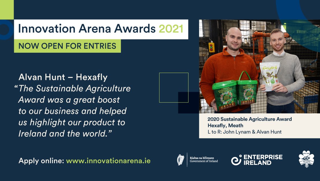 Alvan Hunt said winning the Sustainable Agriculture category at Enterprise Ireland’s 2020 Innovation Arena Awards helped to highlight <a href="/HexaflyBiotech/">Hexafly</a>’s product in Ireland and around the world. Enter this year’s competition: bit.ly/3rIKKsp #GlobalAmbition #Ploughing2021