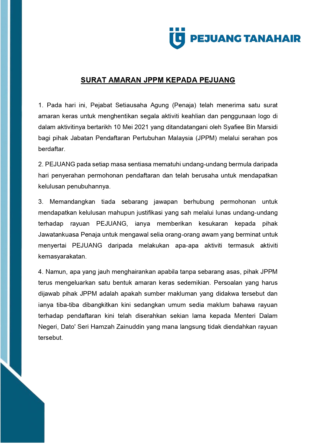 Amiruddin Hamzah Pa Twitter Kenyataan Media Surat Amaran Jppm Kepada Pejuang