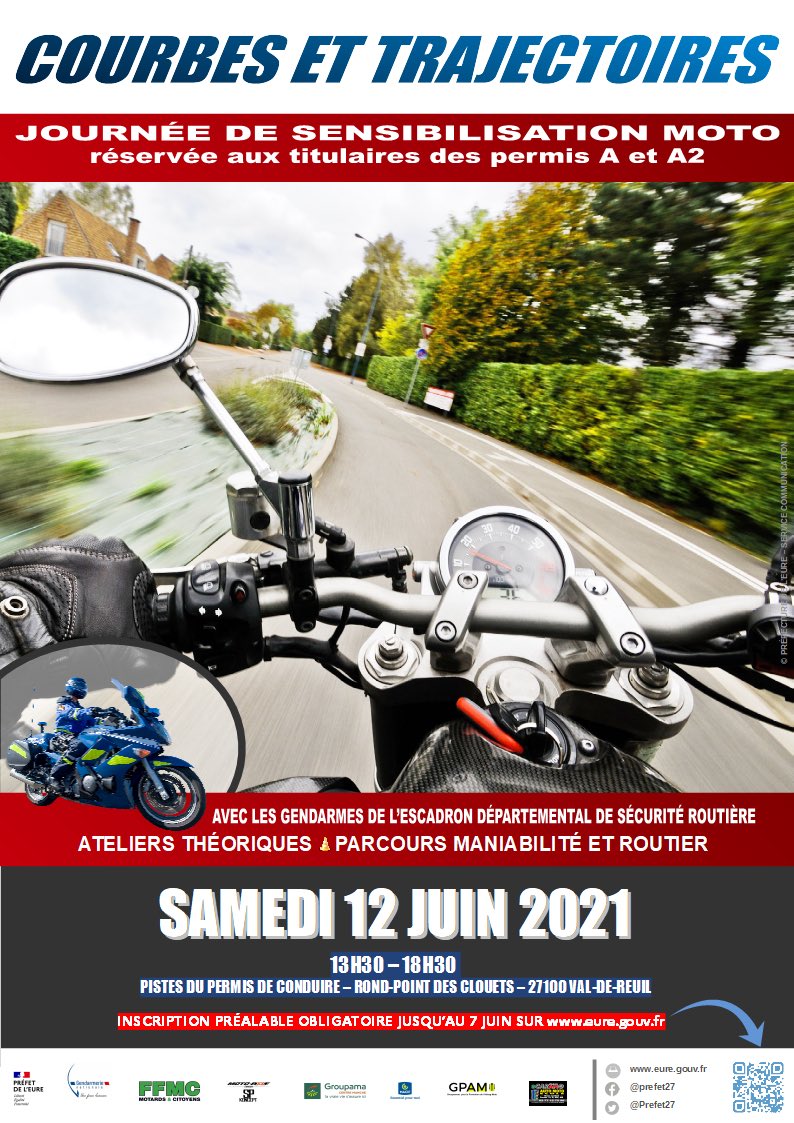 Prefet27's tweet image. 🏍 La journée #courbes et #trajectoires, édition 2021, c’est parti !
Sensibilisation moto, ateliers théoriques, parcours...
Le 12 juin, participez à cette journée placée sous le signe de la #securiteroutiere.

⚠️ Inscription obligatoire jusqu’au 7 juin : eure.gouv.fr/Politiques-pub…