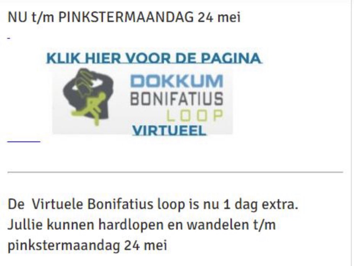 Ook op 2e Pinksterdag kan de Virtuele Bonifatiusloop gewandeld en gelopen worden. Geniet van de mooiste routes van <a href="/noardeast/">Gemeente Noardeast-Fryslân</a> en vooral heel veel plezier. Maak vooral veel foto’s onderweg en tag daarin de Bonifatiusloop 😊