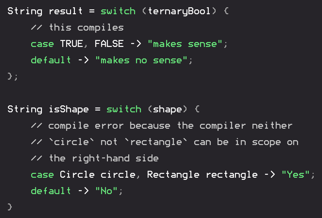 nipafx's tweet photo. The limitation is that you can't use multiple patterns in the same case (since #Java14 you can use multiple constants in a case). If you could, multiple variables needed to be in scope in the subsequent code even though only one pattern may have matched.

7/10 https://t.co/0SKfS6Jswa