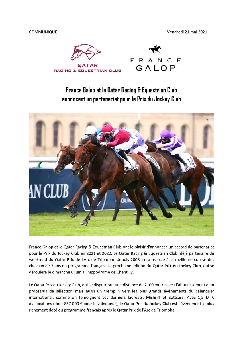francegalop's tweet photo. 📣 Communiqué France Galop : 
France Galop et le Qatar Racing &amp; Equestrian Club annoncent un partenariat pour le Prix du Jockey Club  #Qatar #JockeyClub @Q_REC 👇👇 https://t.co/gjPnDZKoH5