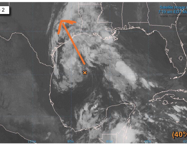 RichardWVUA23's tweet photo. NHC now increasing the chance of the Gulf system developing. This could briefly become a weak tropical storm before moving into the Texas coast tonight. The other feature north of Bermuda has a good chance of development but it remains out to sea. #alwx @wvua23 https://t.co/cs2TdDcjpx