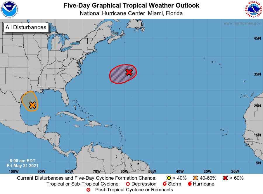 RichardWVUA23's tweet photo. NHC now increasing the chance of the Gulf system developing. This could briefly become a weak tropical storm before moving into the Texas coast tonight. The other feature north of Bermuda has a good chance of development but it remains out to sea. #alwx @wvua23 https://t.co/cs2TdDcjpx