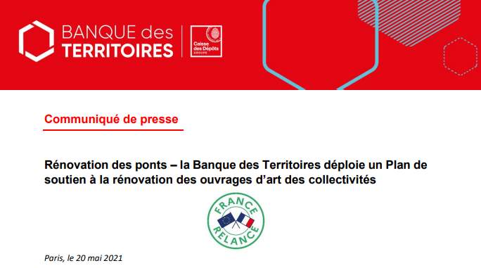 BanqueDesTerr's tweet photo. [1/3] La @BanqueDesTerr lance son Plan de soutien à la rénovation des #ouvrages d’art des collectivités, de l'étude de l'état structurel à ses travaux rénovation
Communiqué de presse ➡️ https://t.co/q9wqTc3BZy
Vous êtes une collectivité intéressée?
Contactez-nous !
Plus d'infos👇 https://t.co/DQ0NwpEA4c