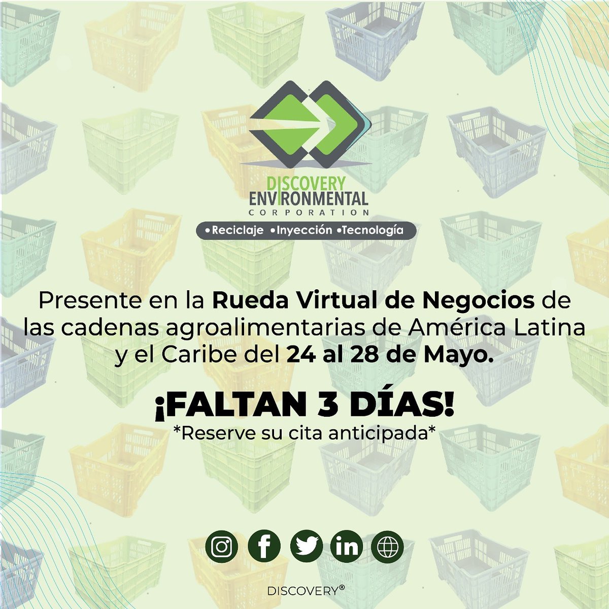 CorpDiscovery's tweet photo. Estamos a pocos días para iniciar 
¡Reserve su cita anticipada!

#RuedaVirtualDeNegocios

Facebook: Discovery Environmental Corp 
Instagram: @discovery_corp https://t.co/uvAp0joOqL