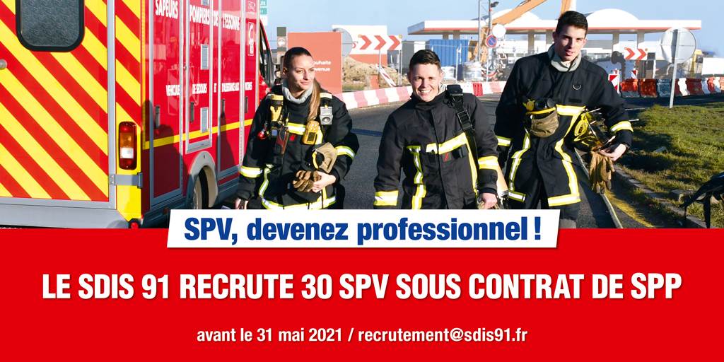 sdis91's tweet photo. 🚨[RAPPEL] ⬇️ 
Vous êtes #SPV en #Essonne ? Le @sdis91 recrute 30 #SPP contractuels dès juillet pour 1 an ! Une manière de vous préparer au concours SPP de novembre ! Candidatures à adresser au Président du CA @domecharoux91 avant le 31 mai ! #Recrutement #Emploi #secours https://t.co/G3DvhkBHOG