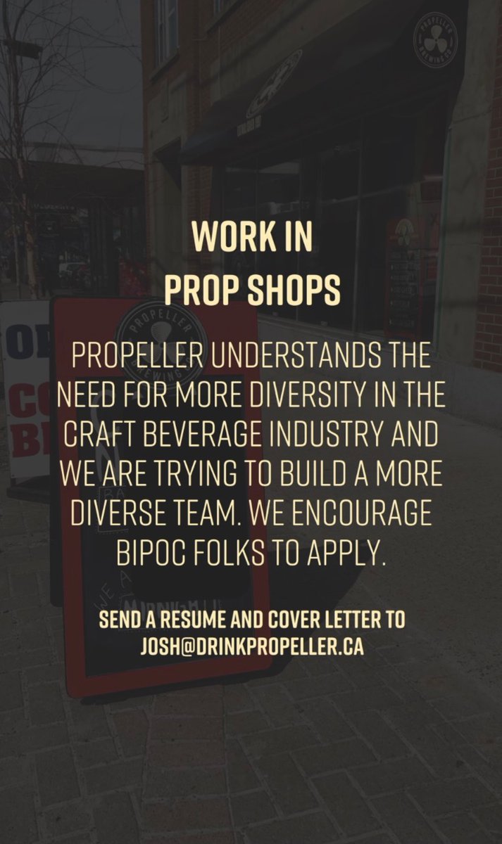 We're hiring in our Prop Shops!
Send a resume and cover letter to josh@drinkpropeller.ca as soon as you can.
Full job description here: buff.ly/3fzqghF