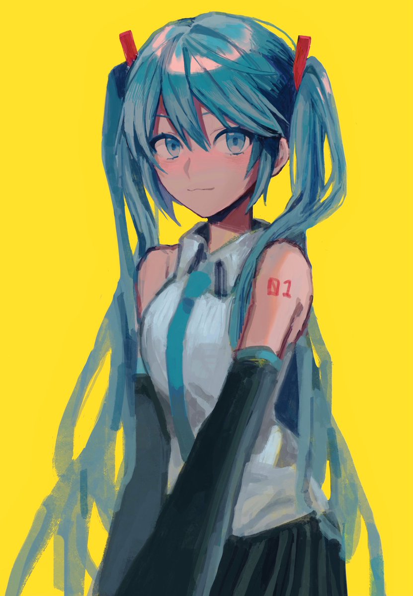 hatsune miku 1girl solo yellow background twintails simple background long hair shirt  illustration images