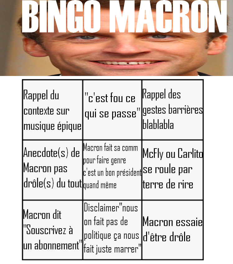 Dracojo's tweet photo. J'ai fait un Bingo pour la vidéo de McFly &amp; Carlito x Macron https://t.co/gkweM7F3gl